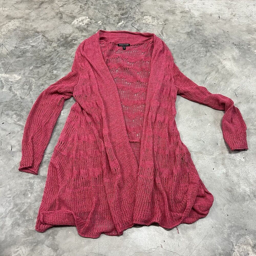 Eileen Fisher Sweater Cardigan Open Front Size Medium Magenta Pink Cotton Blend